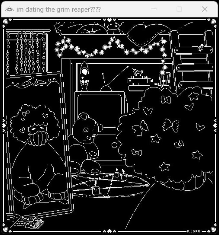 "i'm dating the grim reaper????" - art, animation, code, sounds made by me (click for link)