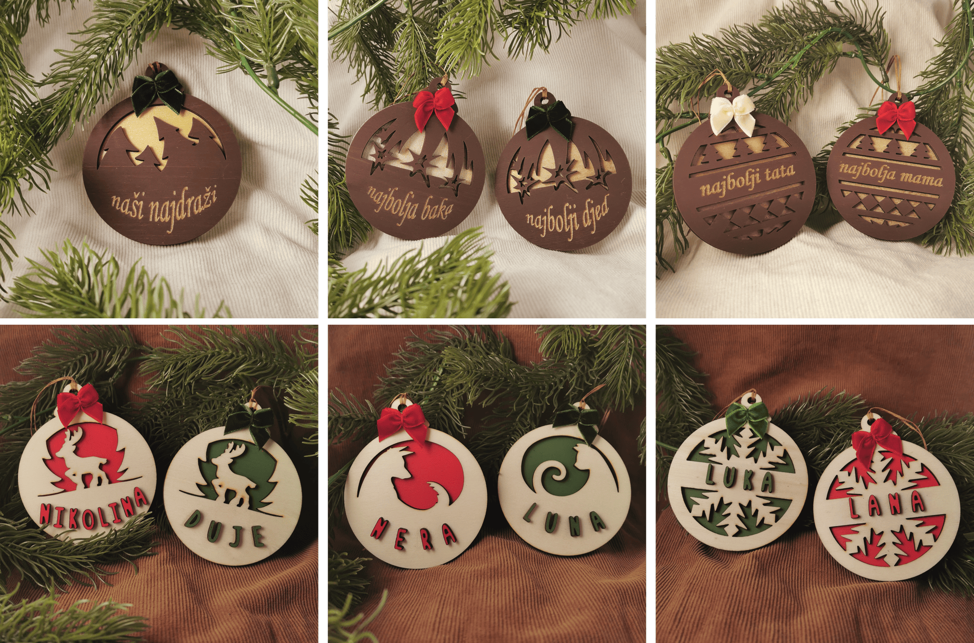 Holiday ornament designs, laser cut on wood