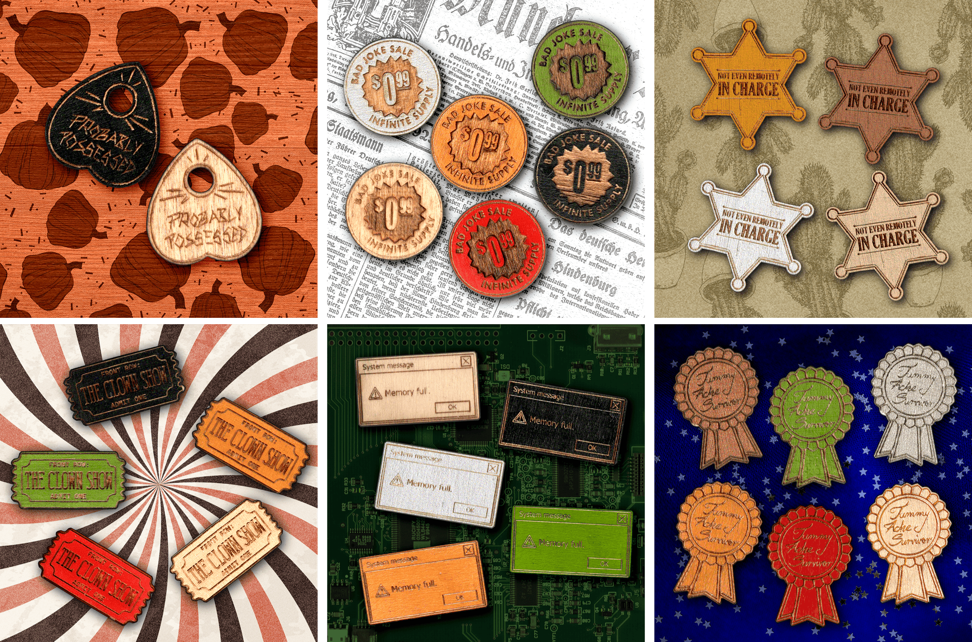 comedic badge designs, laser cut on wood